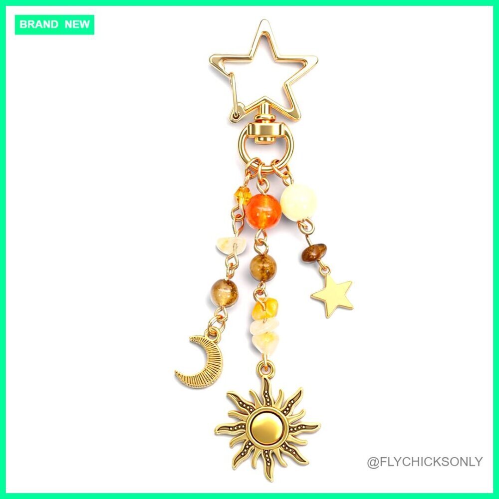 Gold Sun Moon Star Keychain with Colorful Beads for Bags Backpacks